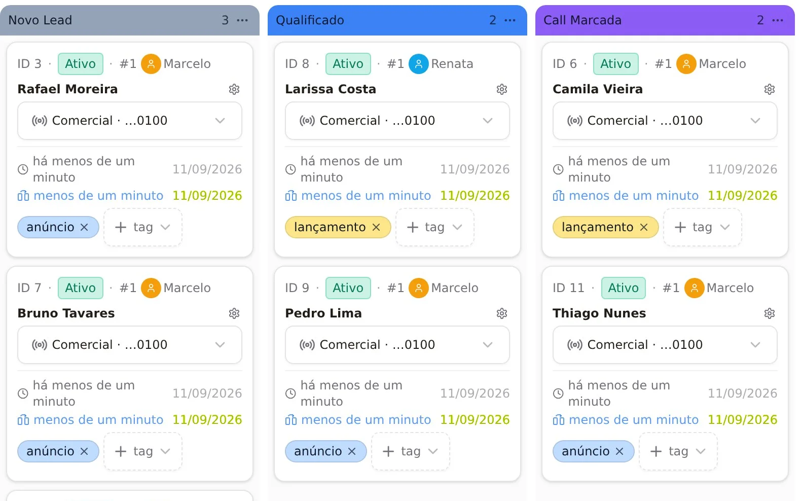 O quadro do funil com as colunas Novo Lead, Qualificado e Call Marcada, e cada card com o dono, Marcelo ou Renata, e a tag de origem.
