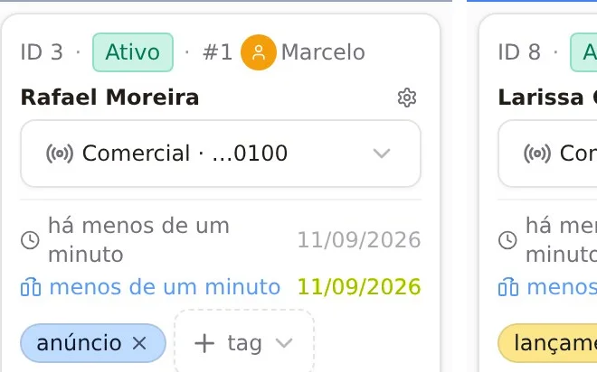 Um card do quadro: o lead Rafael Moreira, com o dono Marcelo, o canal Comercial e a tag anúncio.