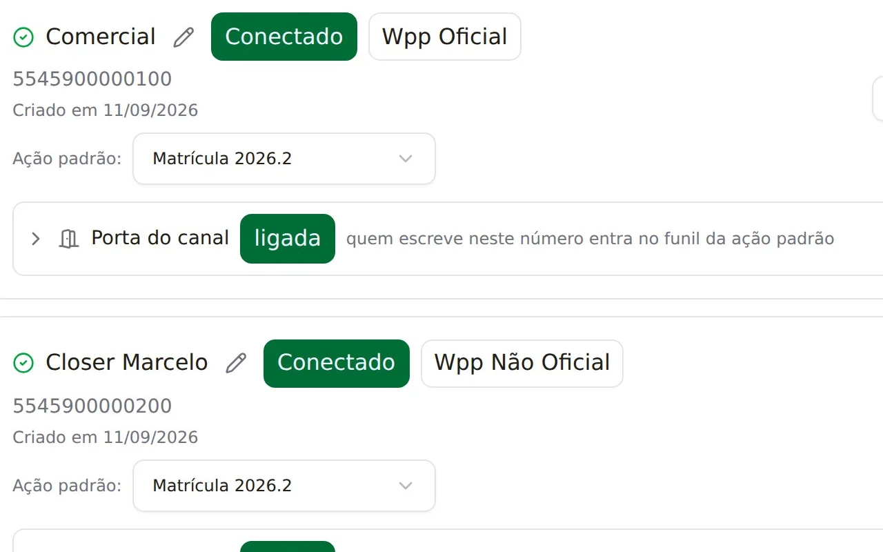 A tela de canais do Túrin: o WhatsApp oficial e o não oficial conectados, com a porta do canal ligada — quem escreve neste número entra no funil.