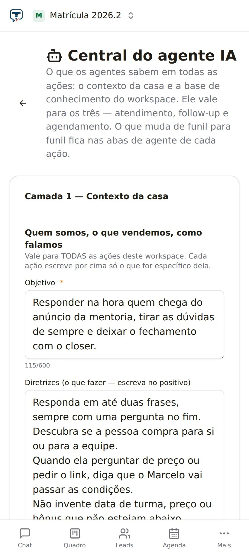 A central do agente de IA no celular, com o objetivo, as diretrizes e o tom escritos para a mentoria.
