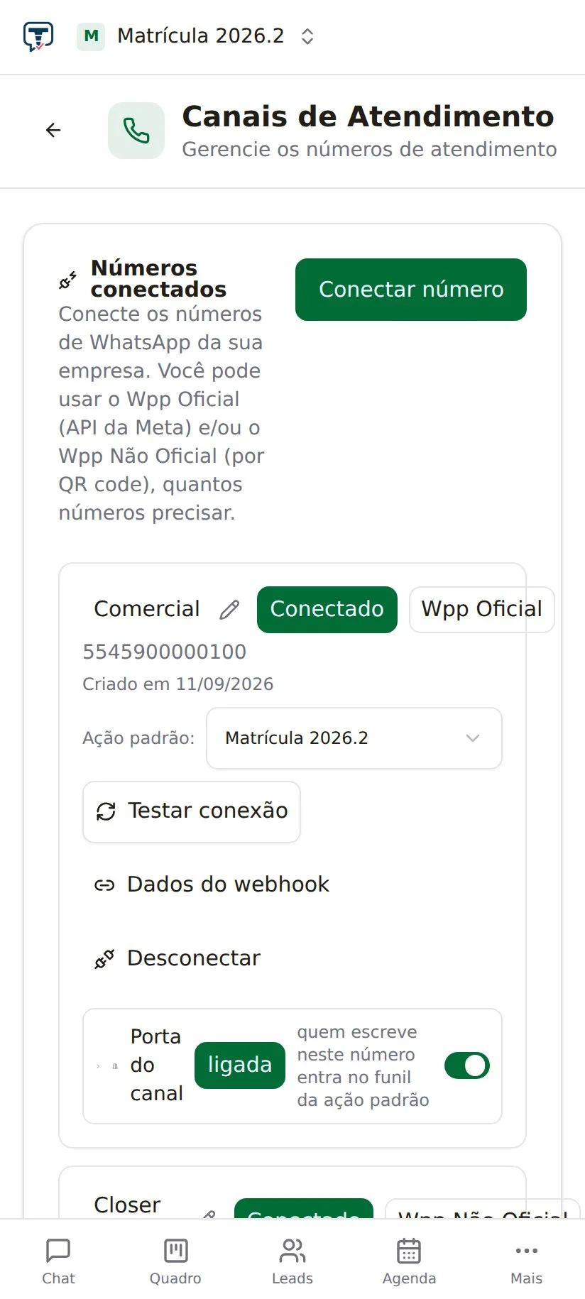 A tela de canais no celular, com o WhatsApp oficial e o WhatsApp não oficial, os dois conectados.